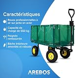 Arebos Chariot à Bras | Chariot de Jardin | avec pneus profilés | Charge Max. 550kg | Pliable | Vert | bâche Amovible | poignée et Timon Inclus | Chariot Plate-Forme - 3