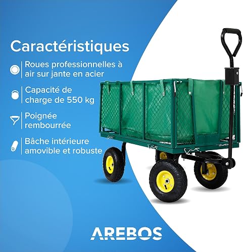 Arebos Chariot à Bras | Chariot de Jardin | avec pneus profilés | Charge Max. 550kg | Pliable | Vert | bâche Amovible | poignée et Timon Inclus | Chariot Plate-Forme - 3