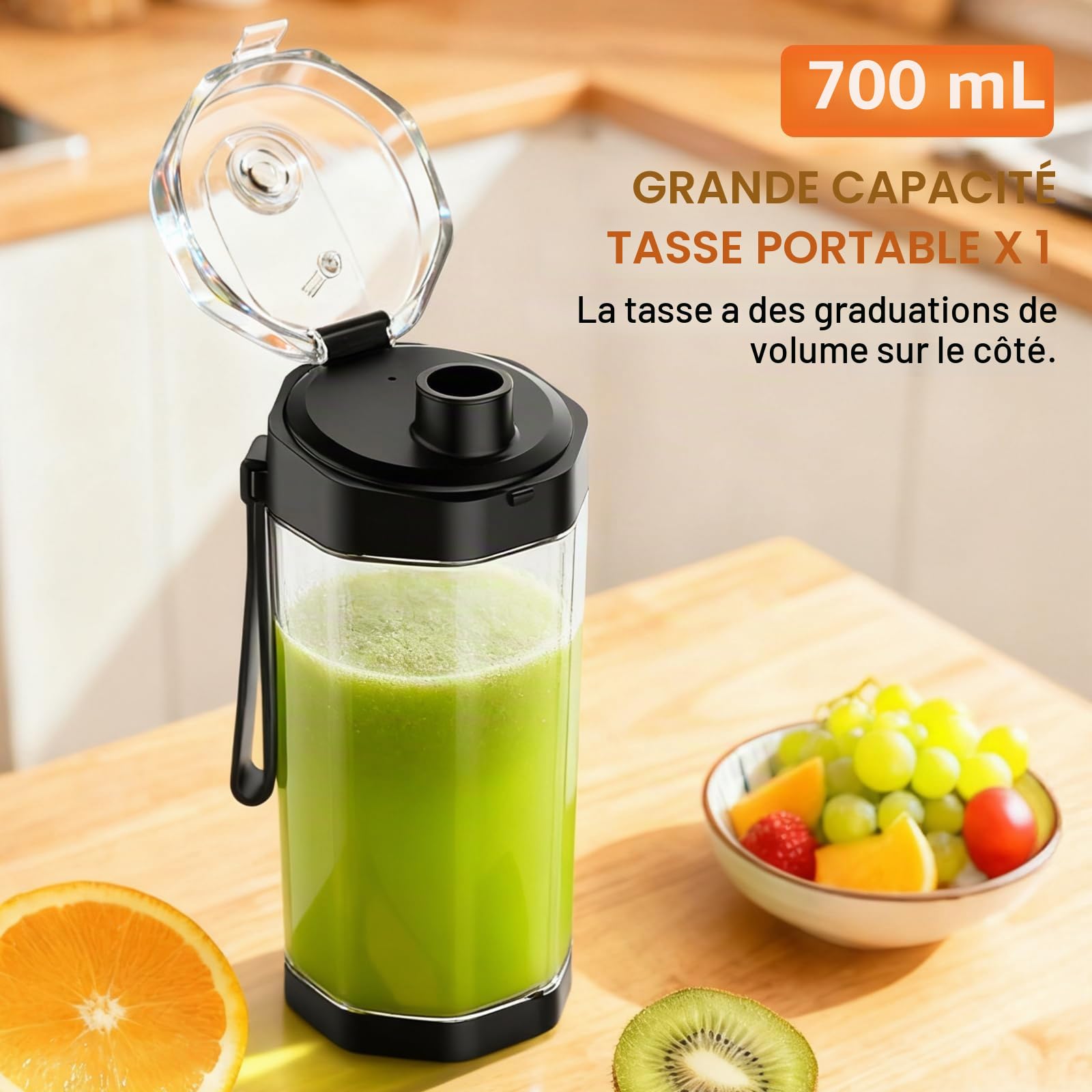 GVODE Blender Mixeur Portable Sans Fil, 700ml Smoothie Mixer, 360W Mini Blender Portable, Batterie 6000mAh USB-C, Étanche IPX8 pour Shakes & Smoothies