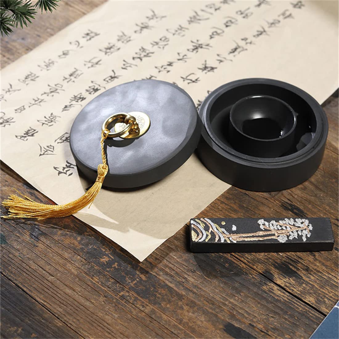 Amazon | 墨池 黒 円硯 四角形 歙州硯 天然原石 書道液 書道絵画ツール