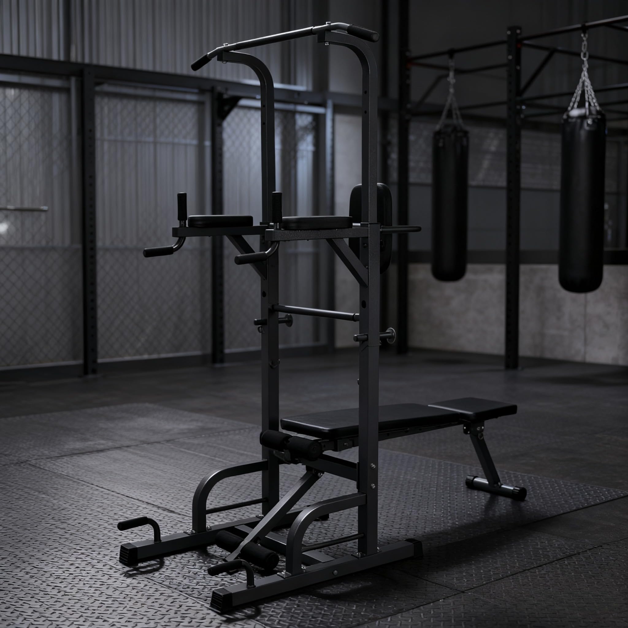 Estación de Dominadas, Maquina Dominadas Altura Ajustable, Máquina de Musculación con Banco de Pesas Plegable, Estación de Musculación para Fitness en Casa Gimnasio