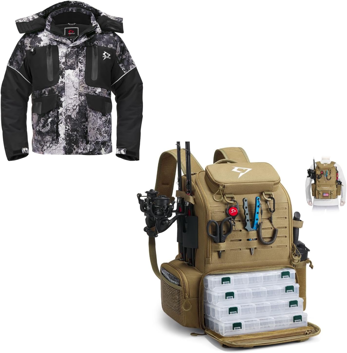 Piscifun Ice Fishing Jacket Bundle with 52L Fishing Tackle Backpack with Rod Holders & 4 Tackle Boxes
