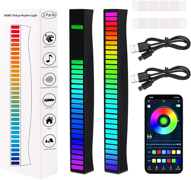 RGB Pickup Rhythm Light,Music Rhythm Light Voice Activated LED Light, RGB LED Lights App Control 32 Bit Music Level, USB & Battery Powered Sound Atmosphere Light for Game Room Desktop (2 Packs)