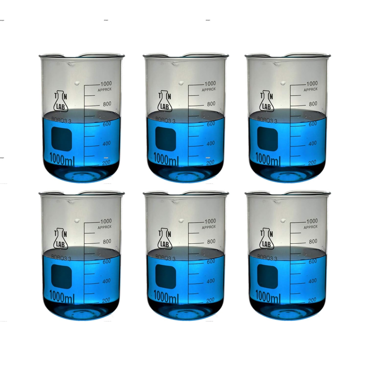 TN LAB 1L Beaker Borosilicate Glass with Graduations 1000ml 6-Pack Low-Form Heavy-Wall with Pouring Spout