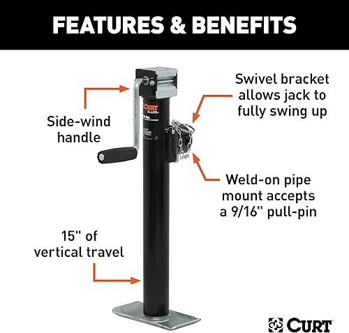 Miniatura 3 de CURT 28324 Gato de remolque giratorio de montaje en tubería soldada, capacidad de soporte de 3,000 libras, desplazamiento vertical de 15 pulgadas