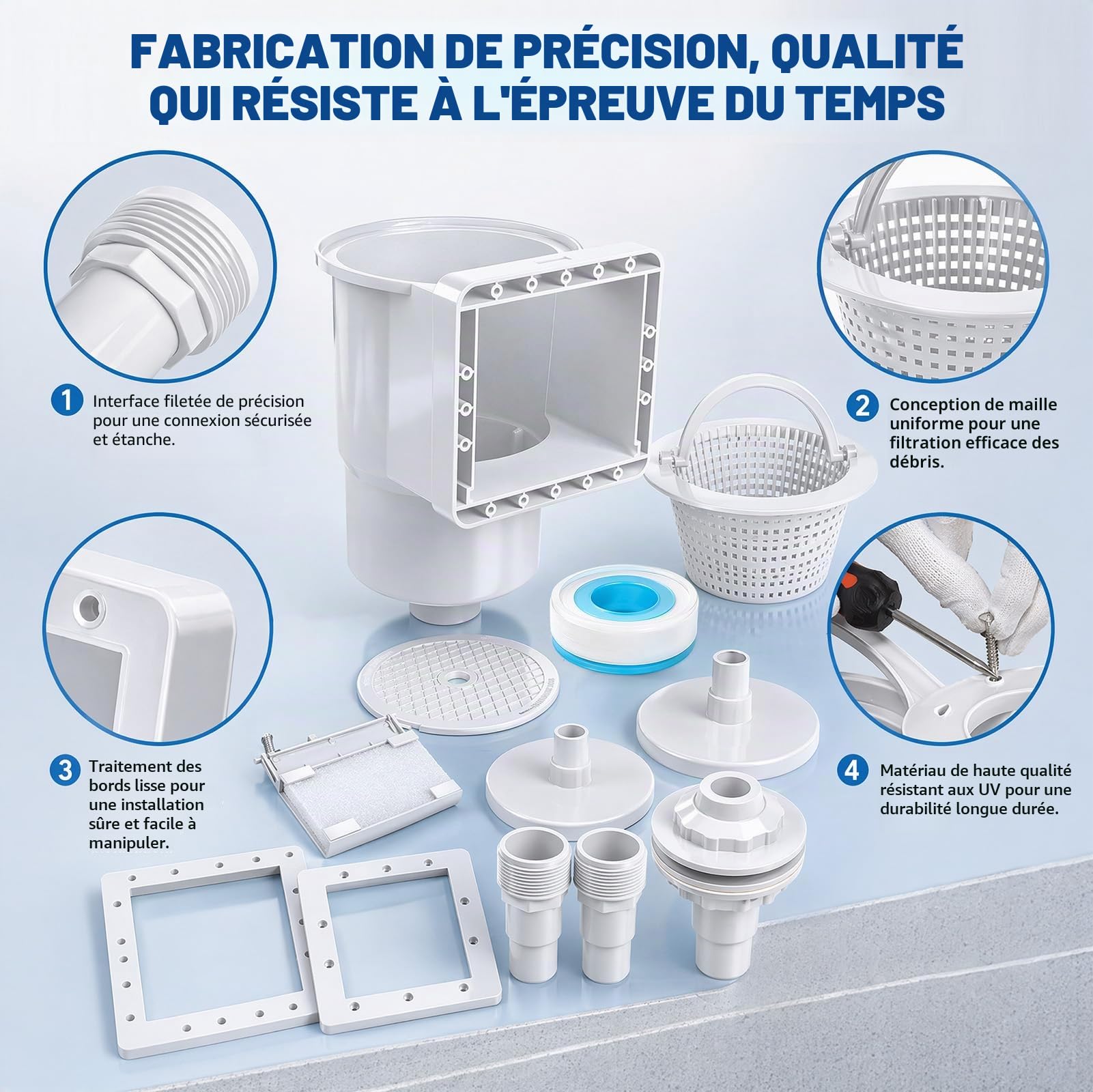 Kit skimmer encastrable 8 pièces pour piscines à paroi en acier, buse d'admission, grand panier skimmer, raccord de tuyau 32/38 mm, blanc, nettoyage et entretien de l'eau