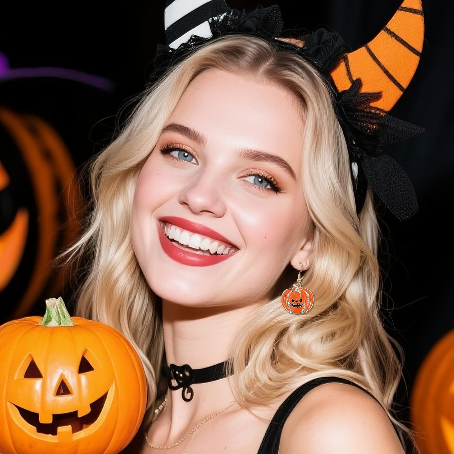 Halloween Pumpkin Earrings, Cute Rhinestone Pumpkin Dangle Drop Earring with Smiling Face Funny Halloween Jewelry for Women - Image 4