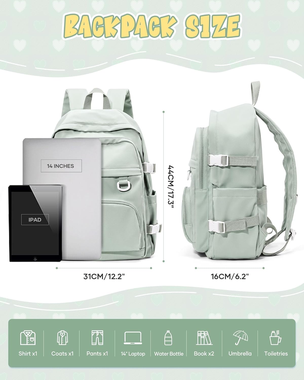 Lightweight Backpack for College & High School Backpack With Lots of Pockets Cute School Bag for Girls Boys, Large Capacity Bookbag for Women Men, Waterproof Teens Casual Daypack Backpack(Green) - Image 2