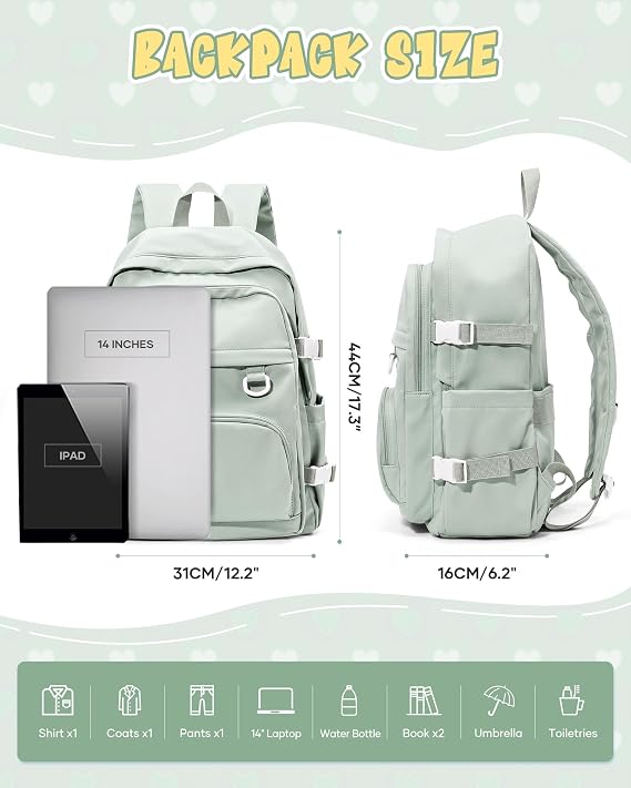 Lightweight Backpack for College & High School Backpack With Lots of Pockets Cute School Bag for Girls Boys, Large Capacity Bookbag for Women Men, Waterproof Teens Casual Daypack Backpack(Green)