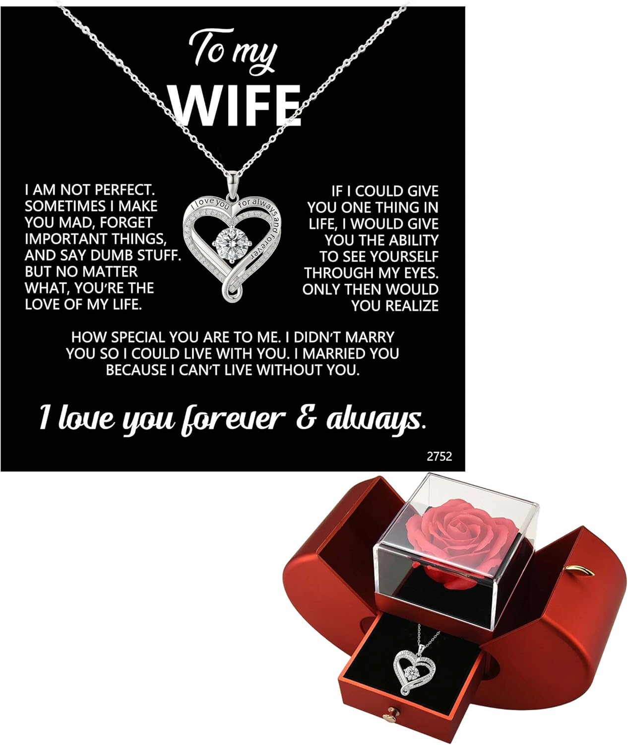 ziella Preserved Flowers Rose Box with Double Heart Necklace, Eternal Rose Gifts for Wife from Husband on Valentine's Day Anniversary Birthday(You're The Love of My Life, Silver)