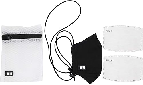 Miniatura 5 de BUILT Mascarilla facial de algodón lavable y transpirable con trabillas ajustables para las orejas, alambre de nariz y filtros PM2.5, color negro
