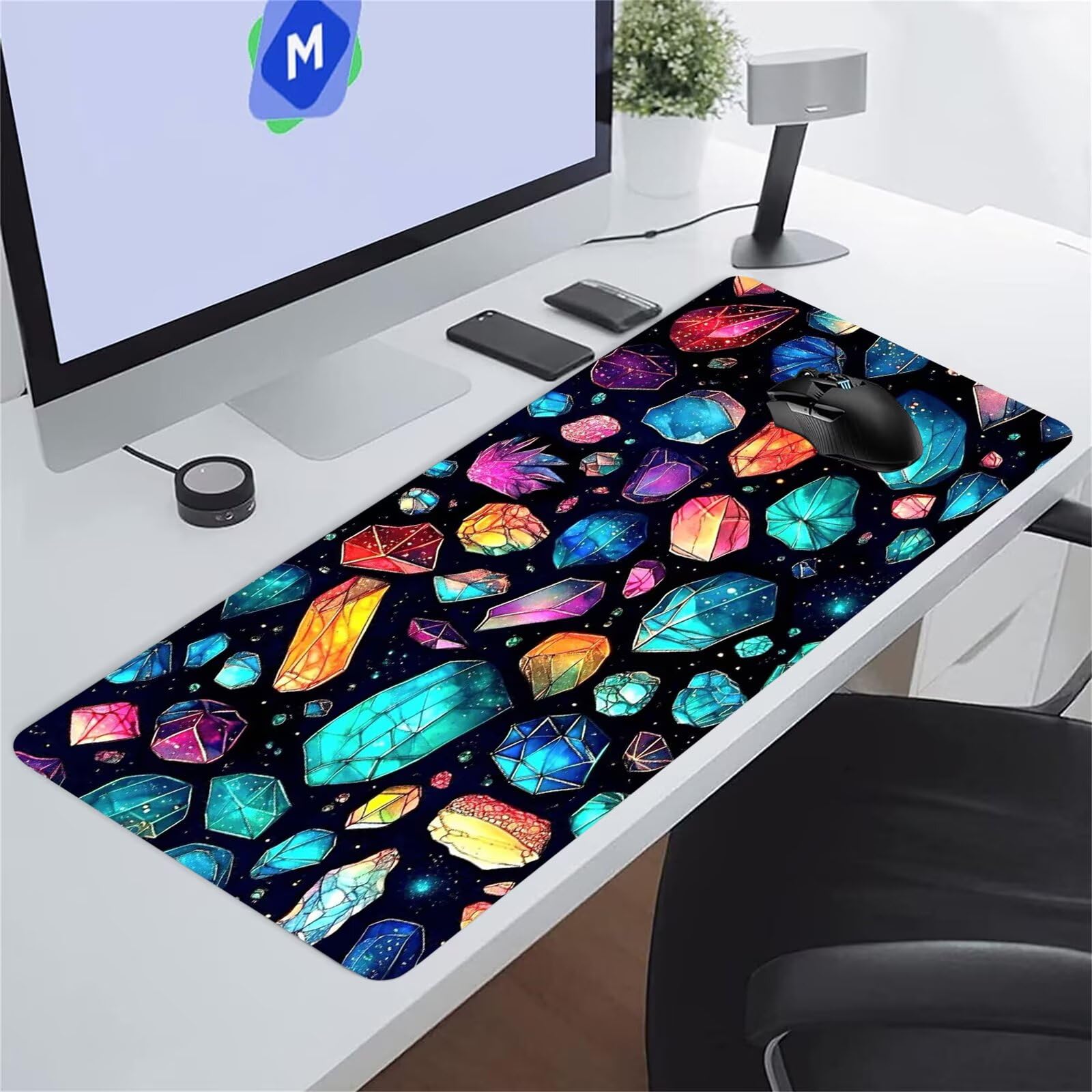 Tapis de Souris XXL Gaming 900 x 400 x 3mm, Grand Mouse Pad Cailloux Colorés, Tapis de Bureau Antidérapant avec Bords Cousus pour Clavier, PC et Maison
