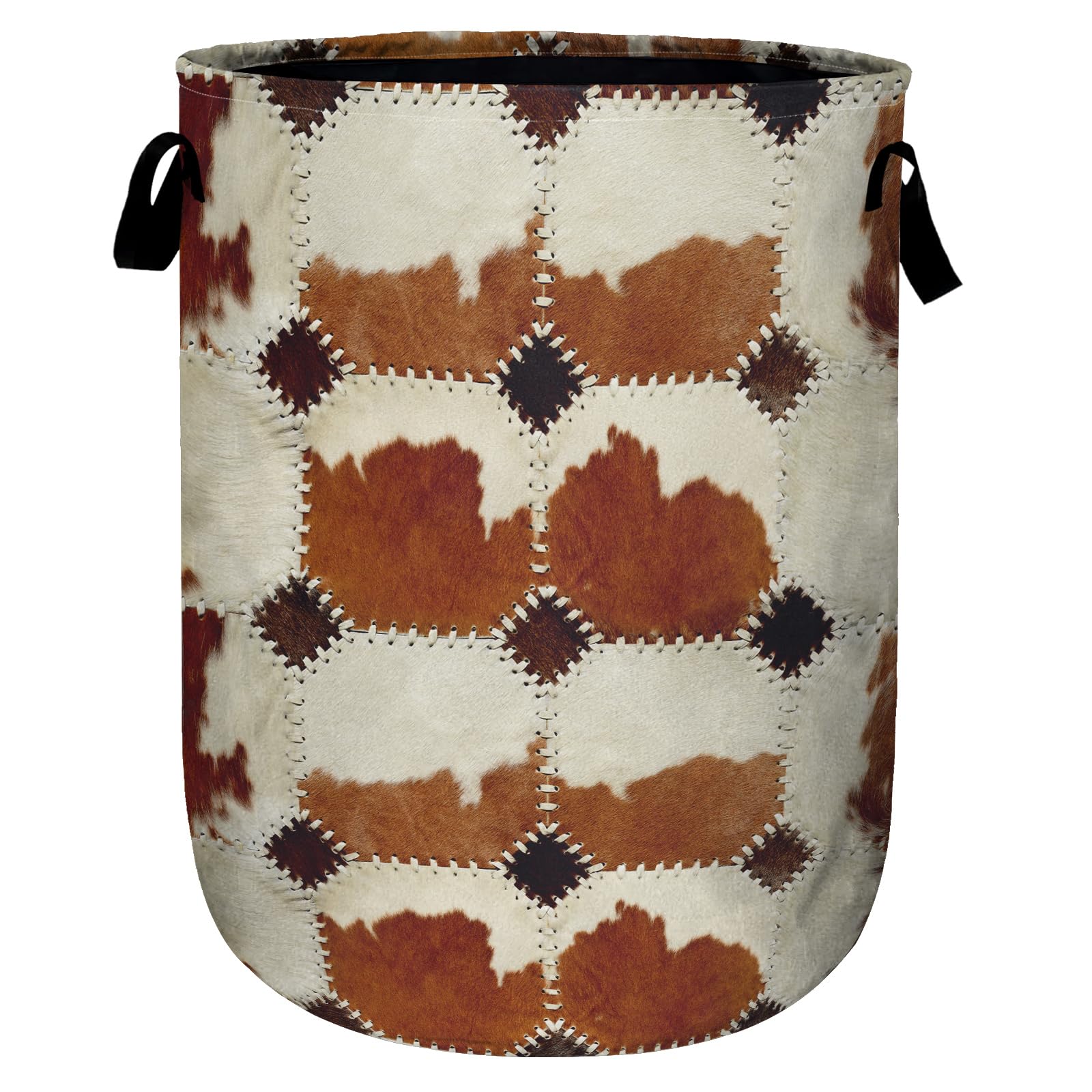 Vintage Brown Cowskin Laundry Basket, Laundry Hamper Collapsible Oxford Cloth with Handle Clothes Storage Bin for Bathroom Laundry Room Bedroom 15.7 X 20 Inch