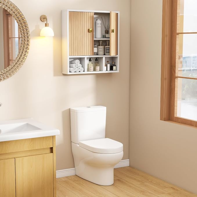 Armario de baño empotrado en pared, armario de medicamentos de madera con puertas acanaladas sobre el inodoro, armario de almacenamiento para baño con estante ajustable, blanco miniatura 6