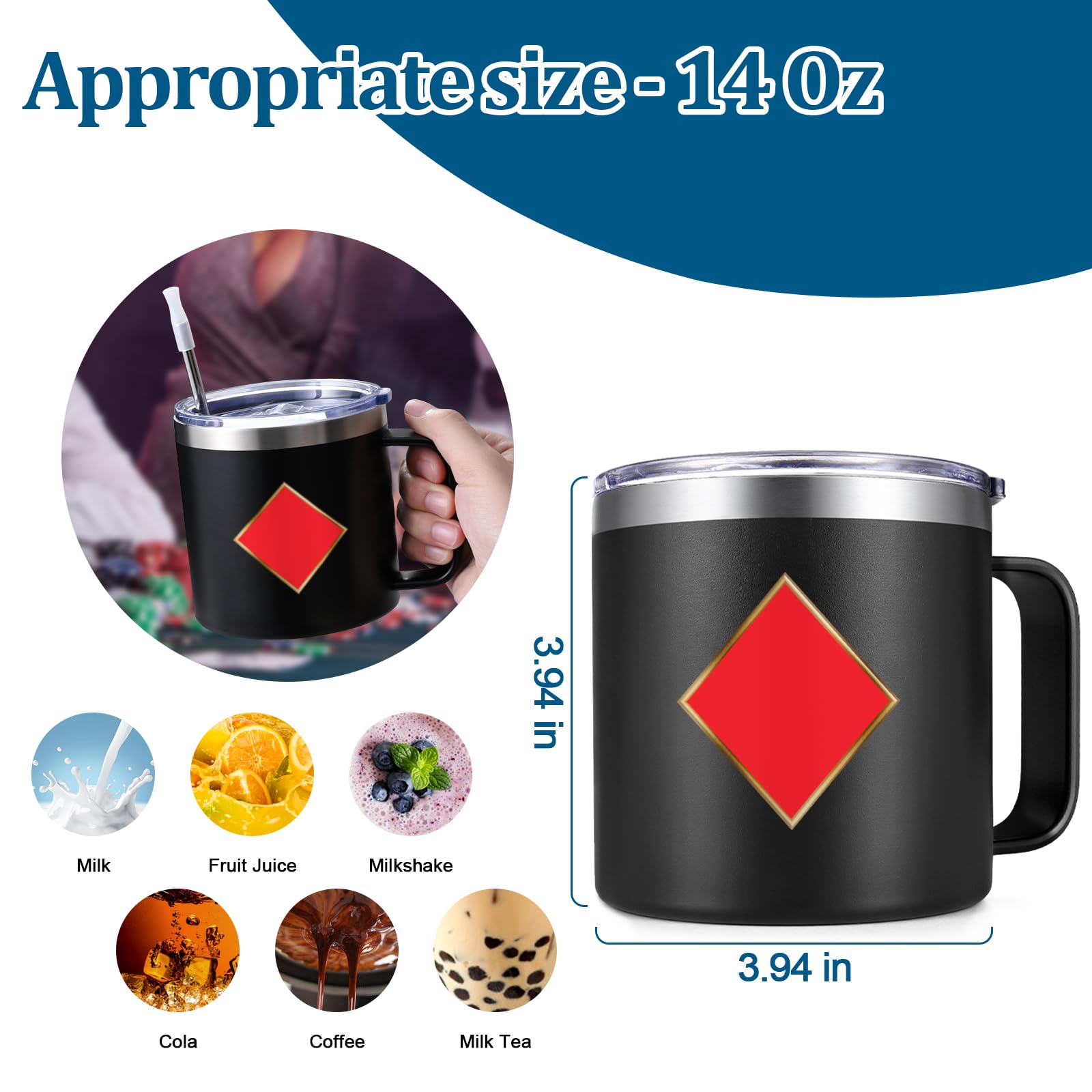 Gtmileo Poker Gifts, 4Pcs Casino Insulated Coffee Mug, Christmas Holiday Birthday Gambling Gifts for Poker Players Men Women (14Oz-Black)