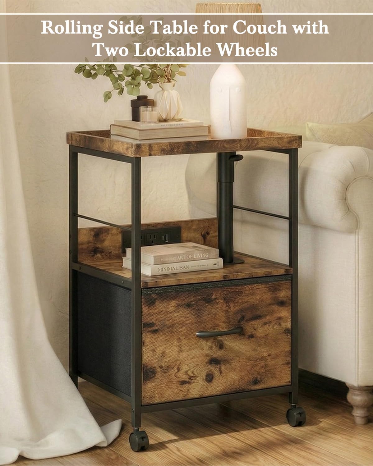 Swivel Lift Top Nightstand with Charging Station, Vacuum Forming Rolling Side Table for Recliner, Bedside Table with Wheels & a Fabric Drawer, for Small Spaces, for Bedroom, Living Room, Brown