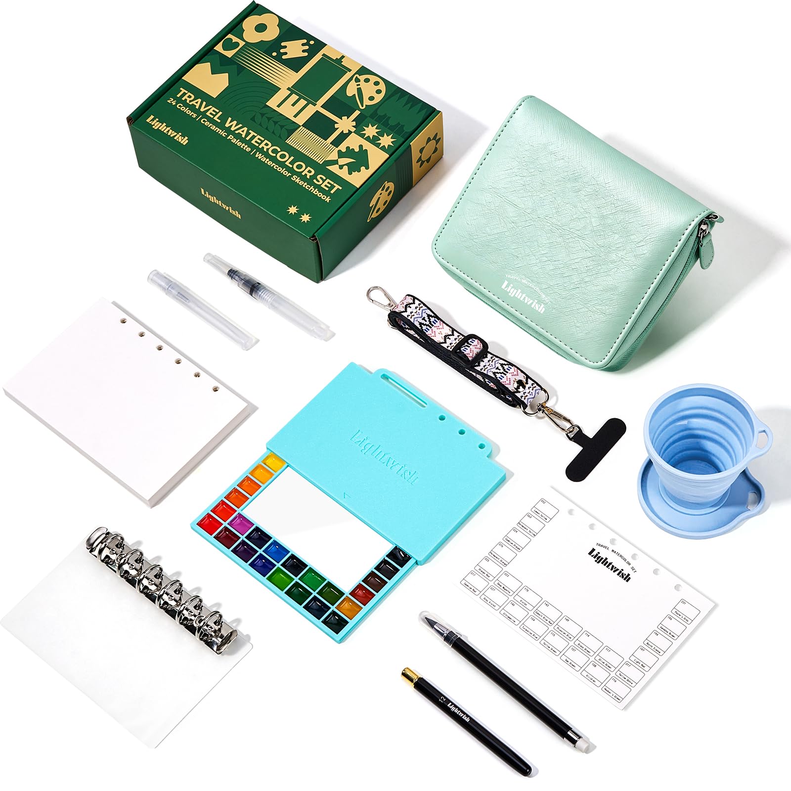 LIGHTWISH Set di acquerelli da viaggio, 24 colori, per artisti e principianti, blu