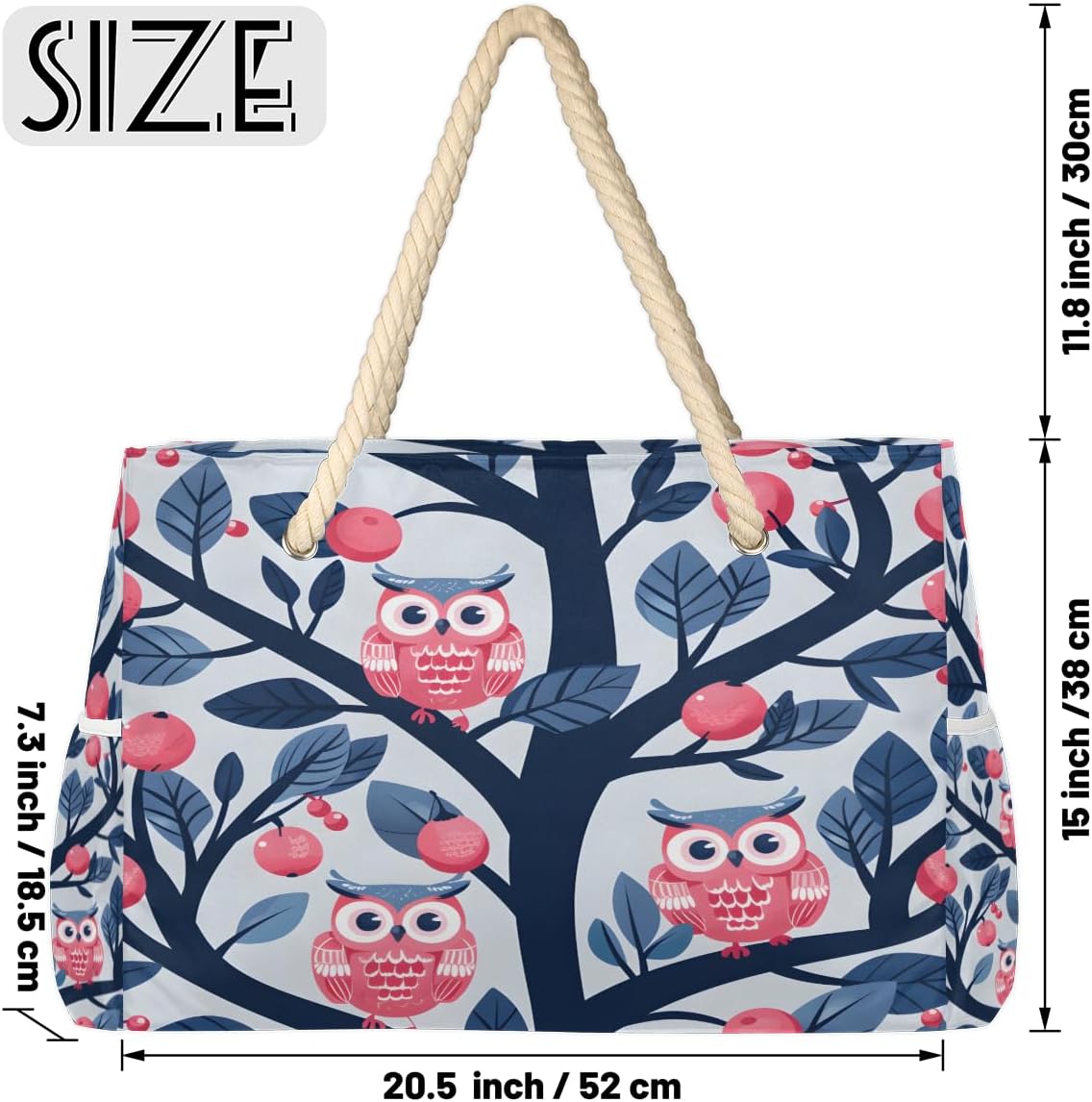 Hand Painted Fruit Tree Owls Beach Bag for Women Waterproof Sandproof Tote with Zipper Cotton Rope Handles for Travel Pool Gym Shopping
