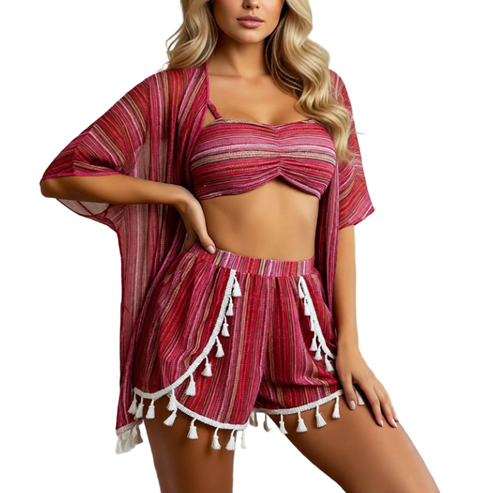 Generisch Bikini con frange, costume da bagno a 4 pezzi con protezione solare, tankini da spiaggia
