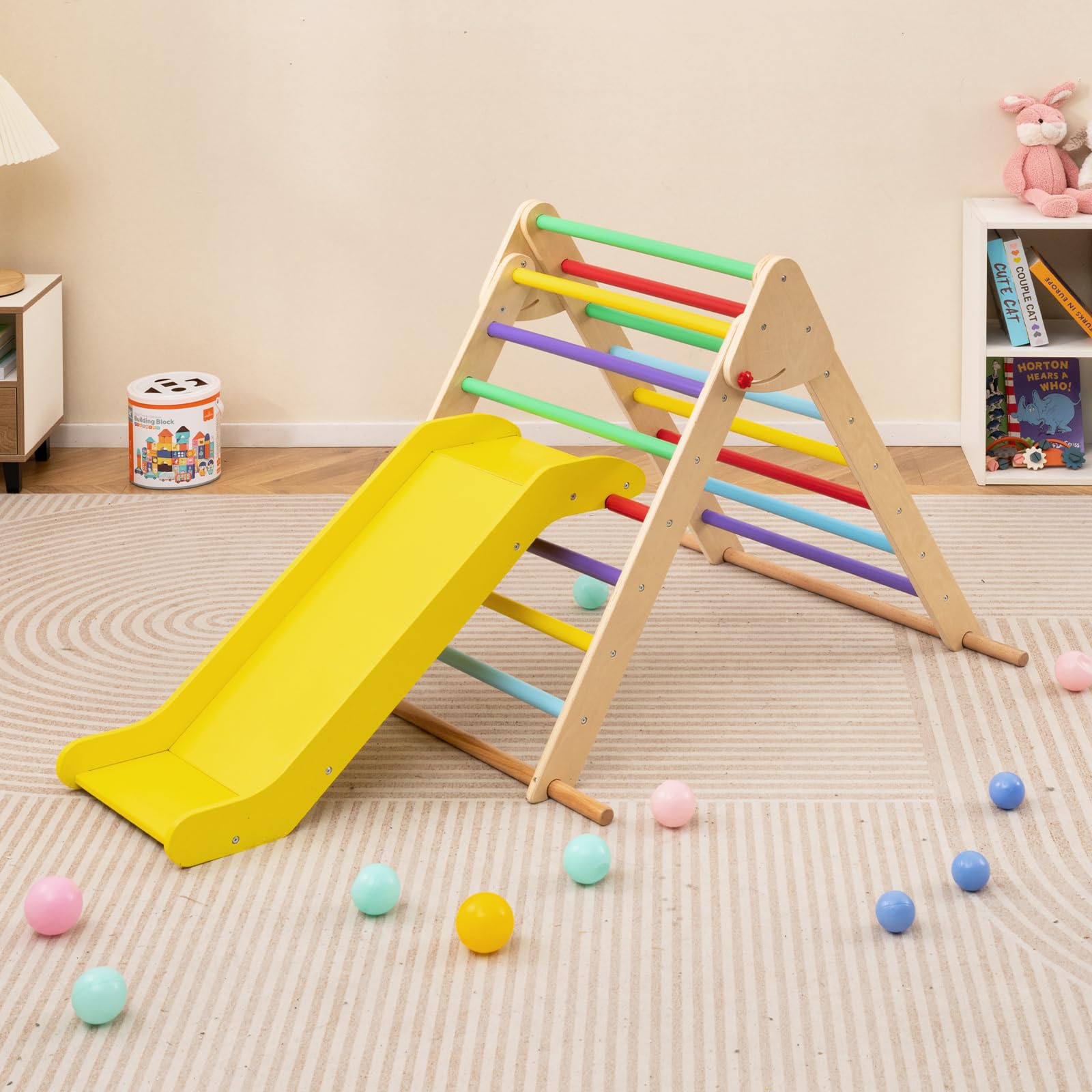 COSTWAY Juego de Triángulo de Escalada para Niños, Triángulo de Escalada Plegable con Rampa Ajustable y Bordes Lisos, Set de Trepa Montessori de Madera para Niños de 1+ Años (Multicolor)