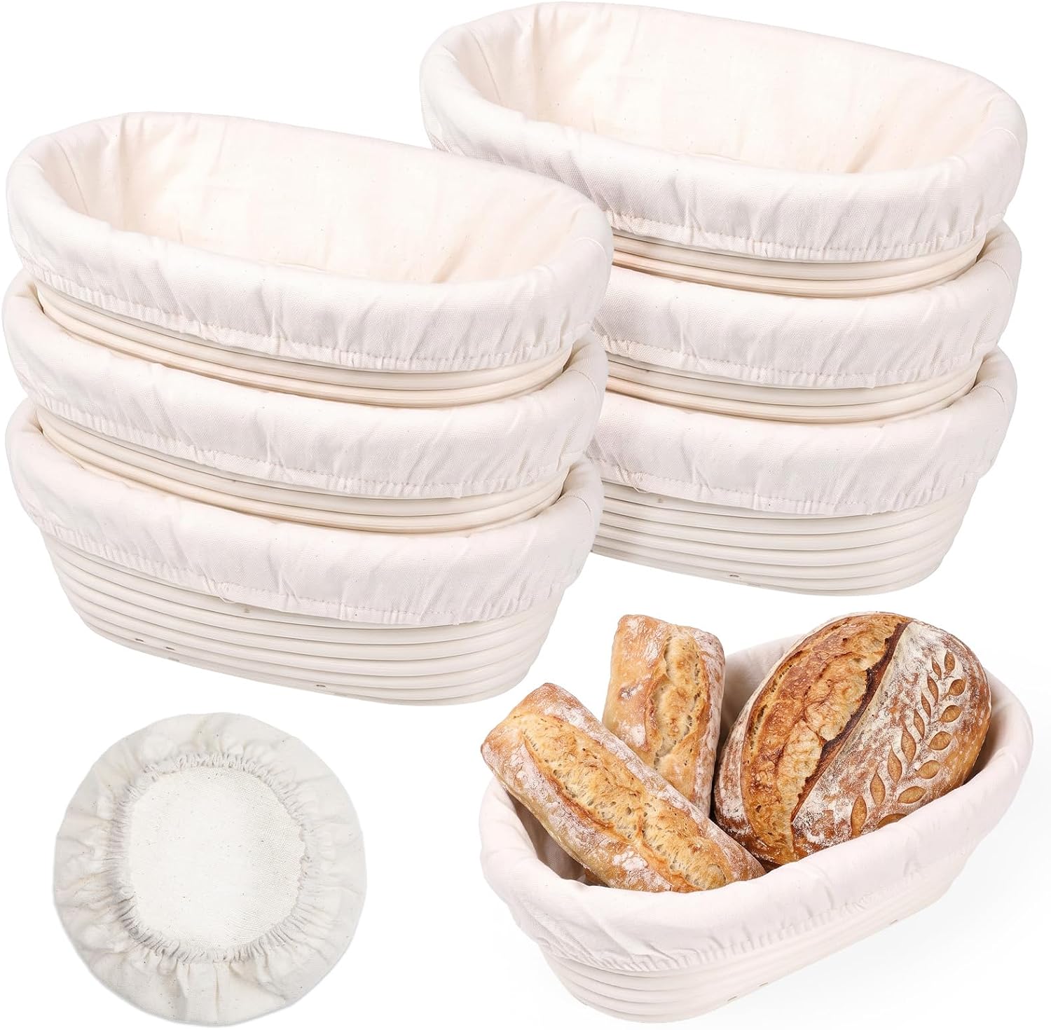 6 Pack 10 Inch Oval Banneton Proofing Basket Set, Sourdough Basket Bulk Oval Banneton Baskets with Liners Natural Rattan Dough Baking Bowls for Making Baking Fermentation Tools