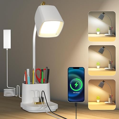 Miniatura 8 de Lámpara de escritorio con puerto de carga USB y soporte para bolígrafo, luz LED de escritorio para oficina en casa, regulable al tacto, ideal para