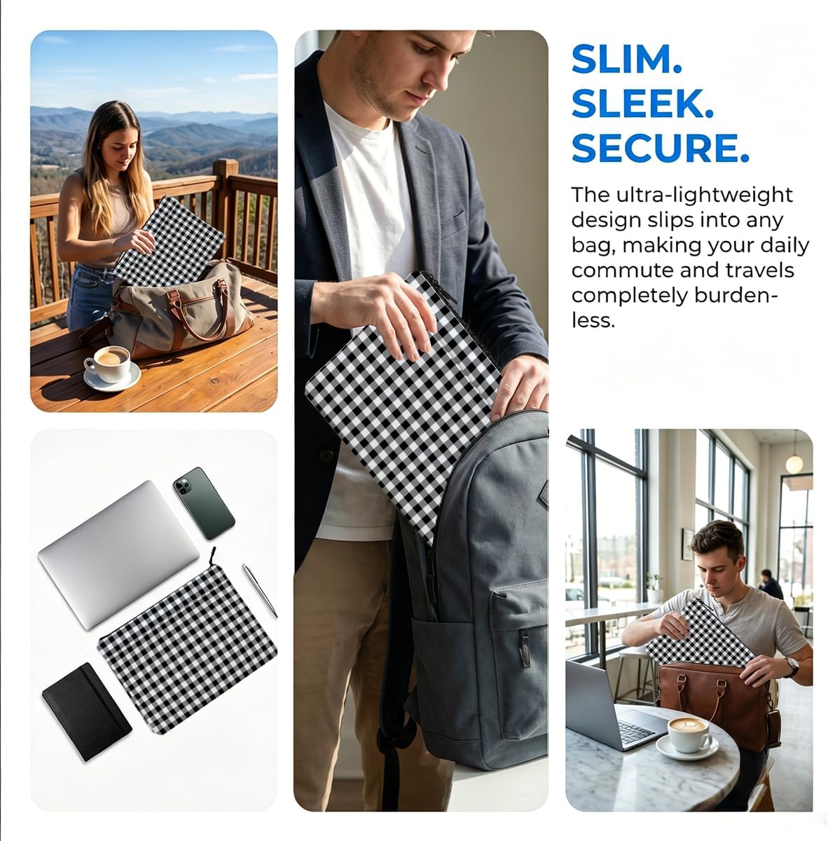 Black Gingham Laptop Case 13.3 inch, 13-13.3 inch Laptop Sleeve Compatible with 13-13.6 inch Slim Laptops, Aesthetic Checkered Soft Computer Sleeve Bag with Pocket, Gift for Men Birthday image 4