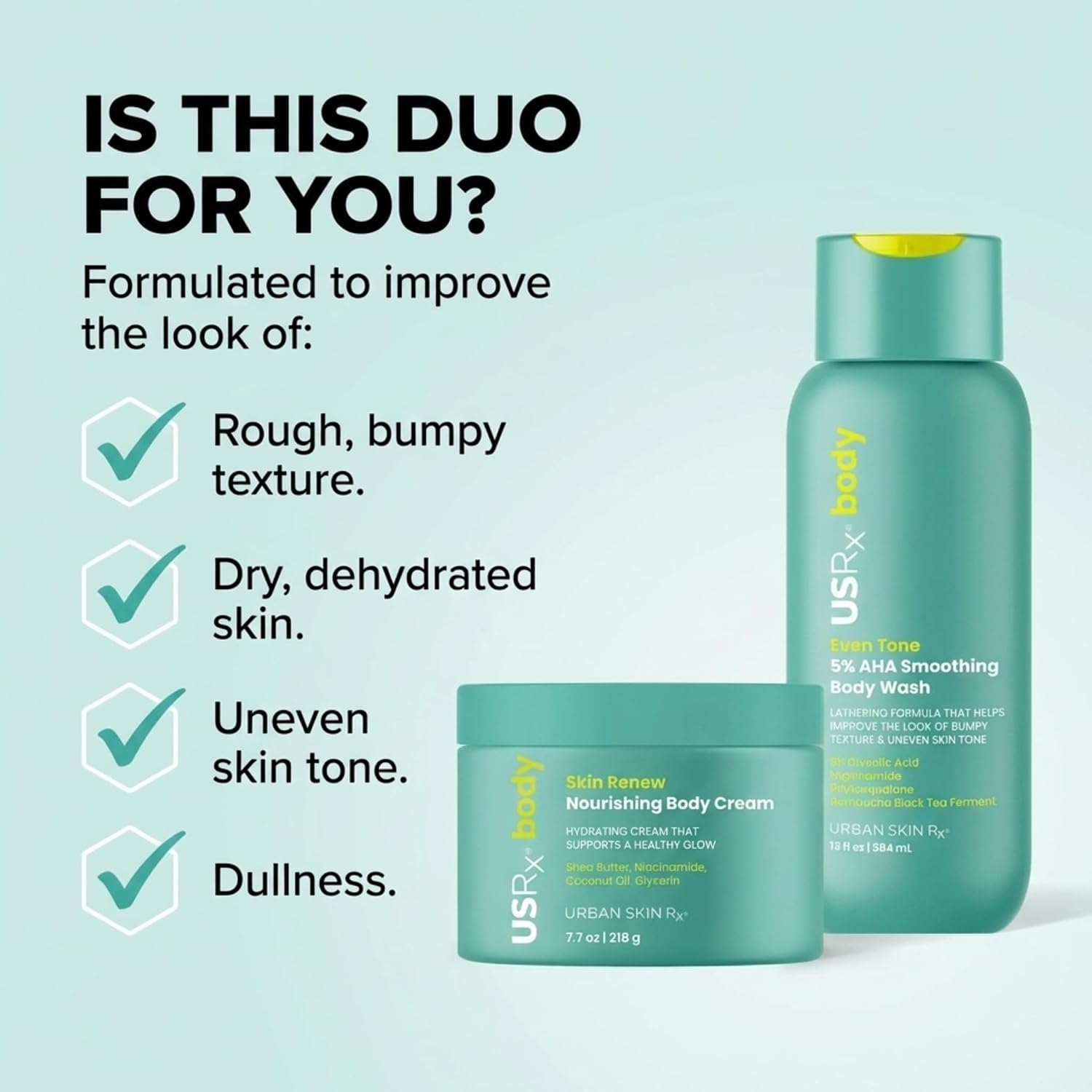 Urban Skin Rx Body Cleanse + Hydrate Bundle, Daily Two-Step Skincare System for Soft, Even-Toned Skin, Duo Includes Skin Renew Nourishing Body Cream & AHA Smoothing Body Wash, Exfoliate & Glow