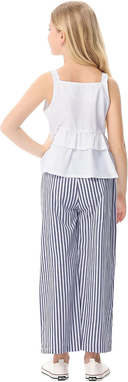 Girl's 2 Piece Sleeveless Cami Top Wide Leg Pants Summer Outfits with 2 Pockets, Navy Blue 5-6Y