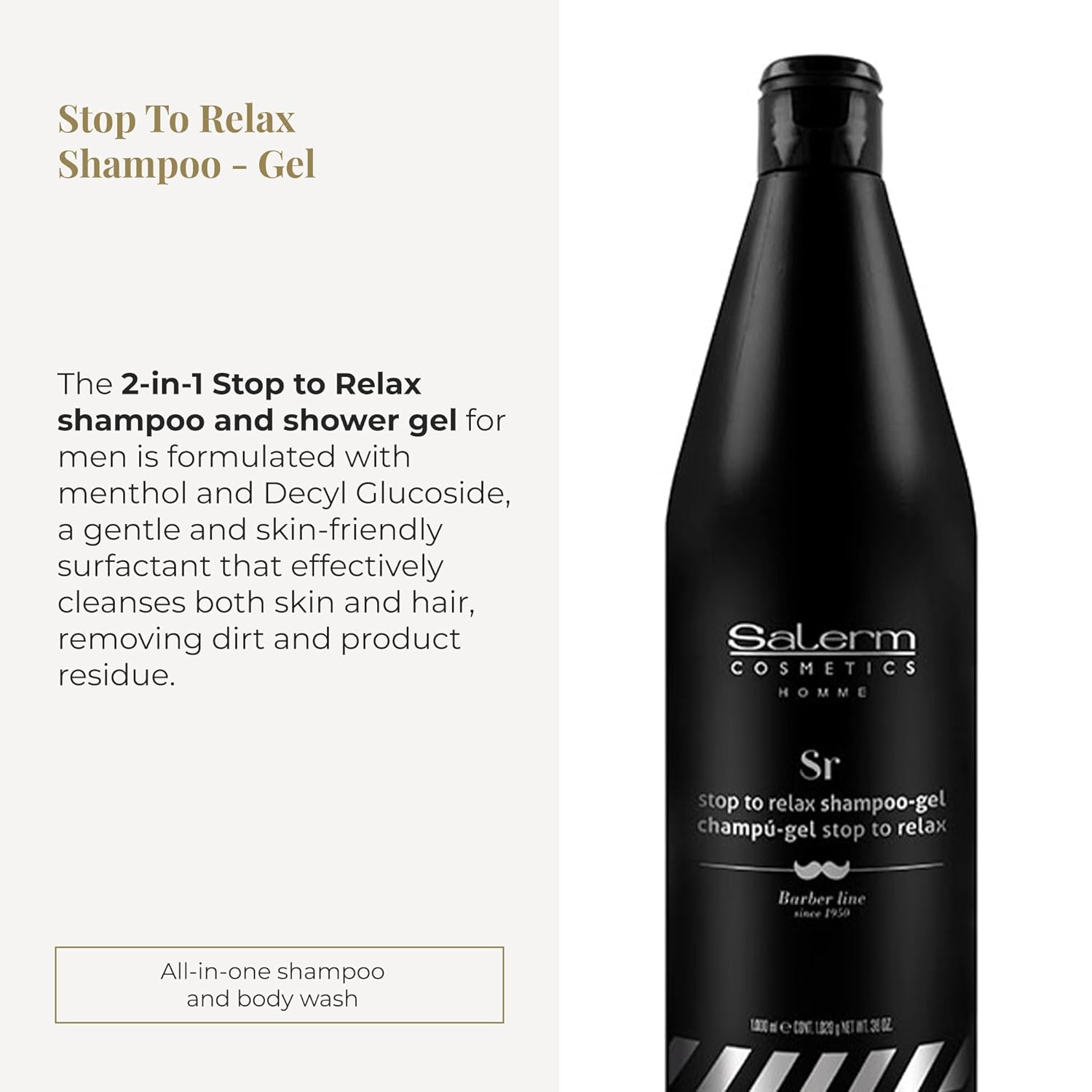 Salerm - 2-in-1 Shampoo and Gel - Stop To Relax Homme Barber Line - 1000 ml - for All Hair and Skin Types - Freshness and Relaxing Aroma - Daily Use - Gentle Cleansing