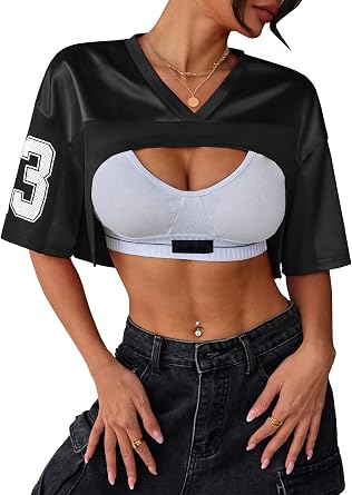 LovelyWholesale Women Jersey Crop Tops Sexy V Neck Graphic Short Sleeve T Shirts