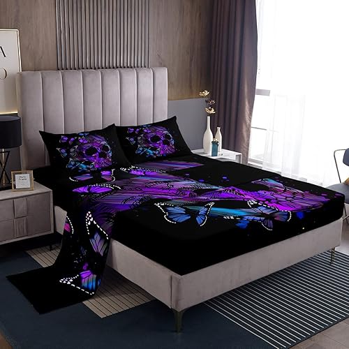 Erosebridal Juego de sábanas de calavera morada, tamaño matrimonial, sábanas retro psicodélicas de mariposa gótica, juego de ropa de cama de