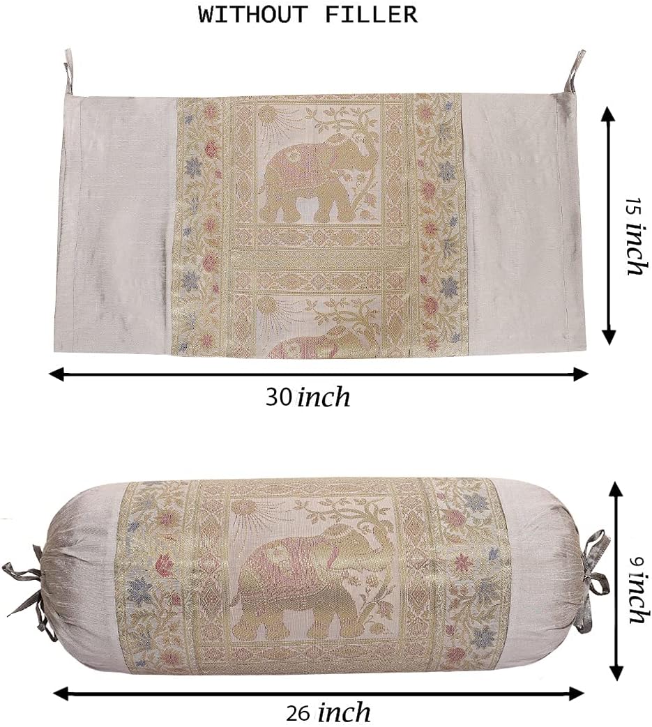 Ethnic Jacquard Brocade Silk Bolster Throw Pillow Covers for Bed Cylindrical Hotdog Grey Yoga Massand Living Room Decorative Elephant Traditional Throw Pillowcase 76x38 cm - Set of 2 Pcs