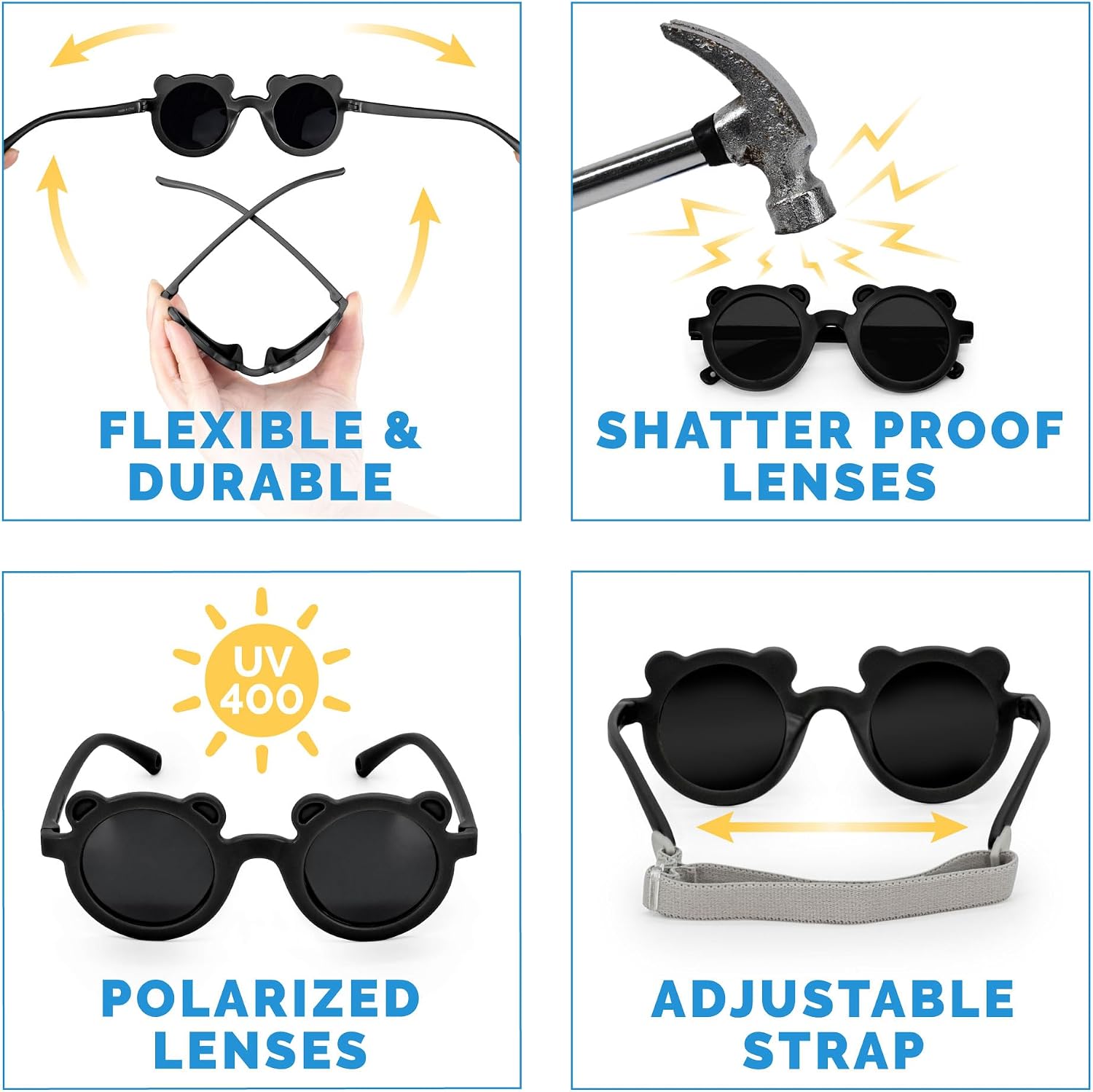 JAN & JUL Cute-Shaped Polarized Sunglasses with Strap, Flexible and Durable Funglasses for Toddlers