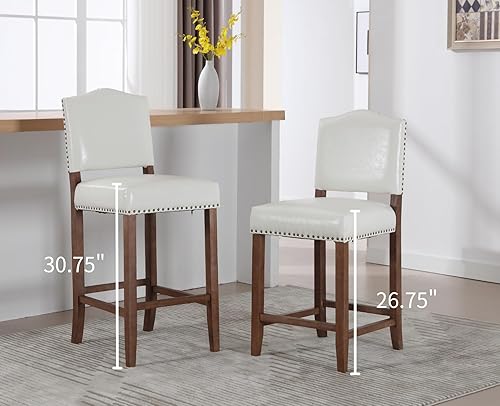Miniatura 6 de Shunzhi Juego de 2 taburetes de bar de altura de mostrador de mediados de siglo con respaldo tapizado, sillas de bar de madera de cuero sintético,