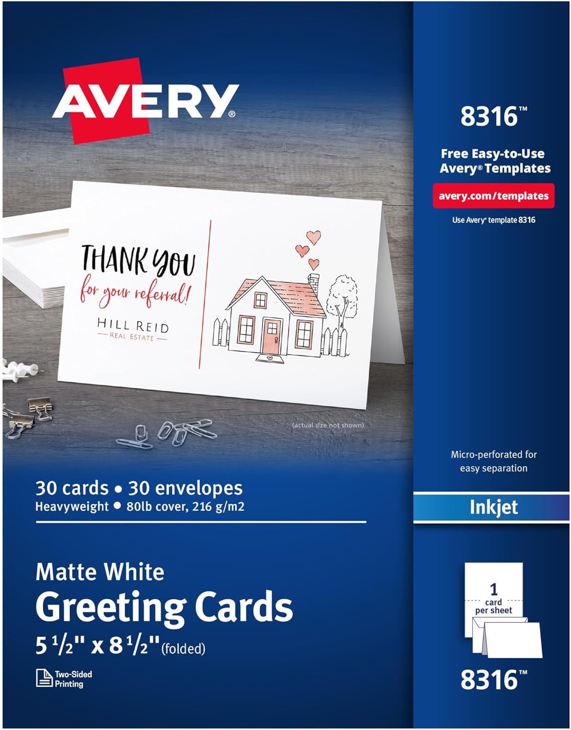 Avery 8316 Printable Half-Fold Greeting Cards with Envelopes, 5.5x8.5 Inch Matte White, Inkjet Compatible, 30 Pack for Branding & Holidays
