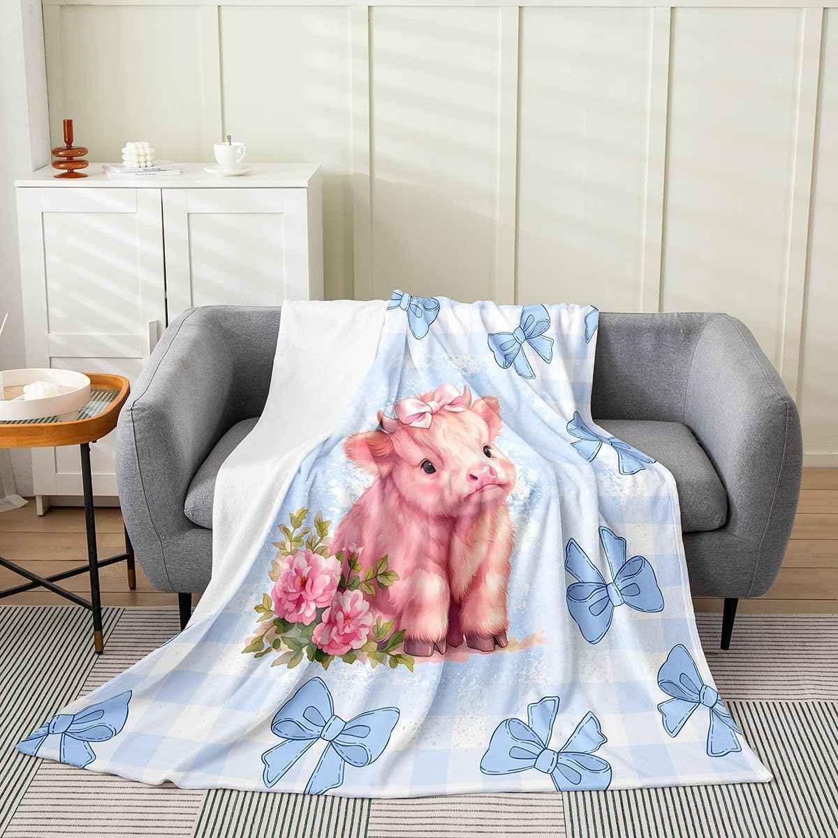 Erosebridal Highland Cows Rustic Girls Blue Grid Flannel Blanket Twin 60x80 Inch | Wildlife Animal Fleece Blanket Bull Cattle Buffalo Plaid Luxury Soft Fuzzy Plush Throw
