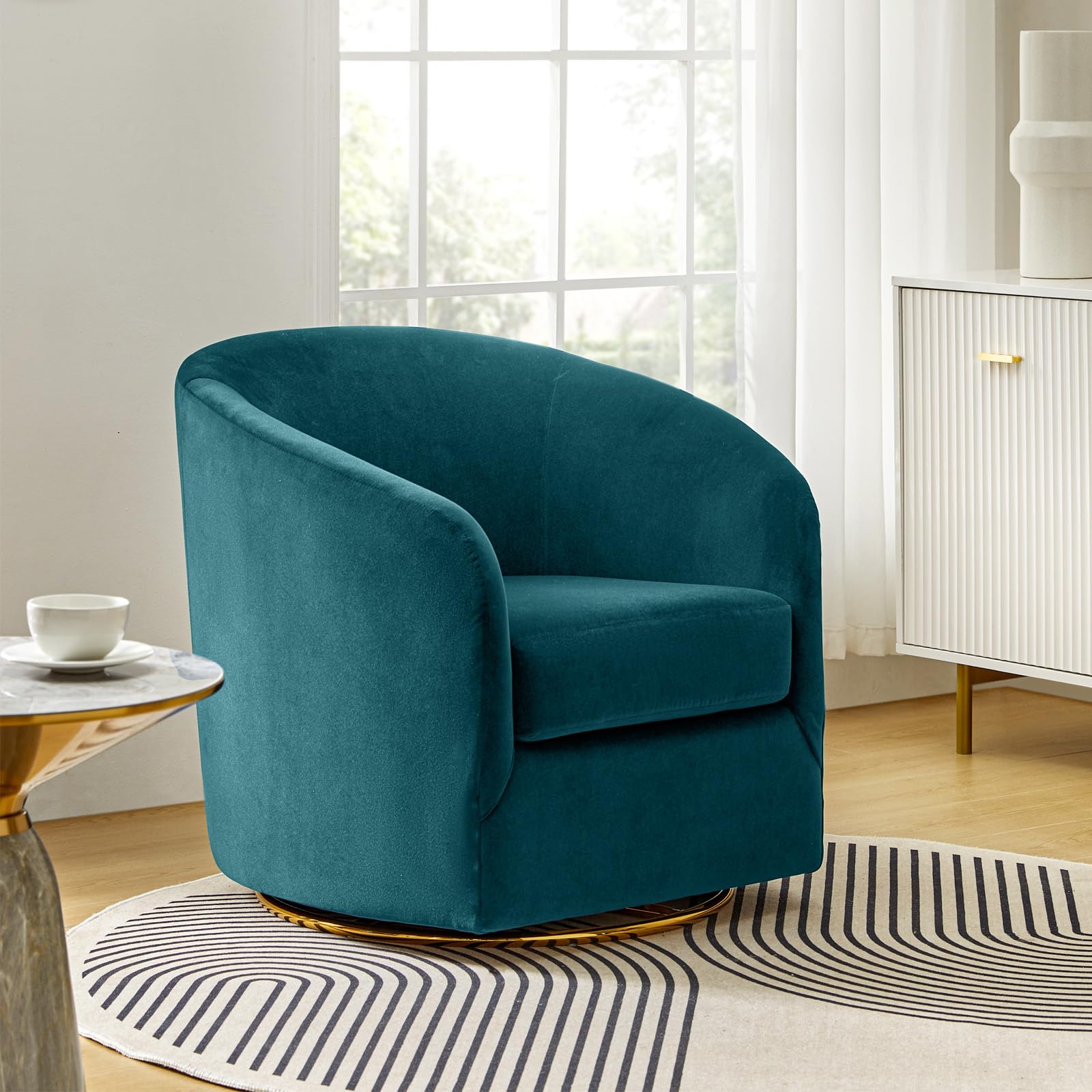HULALA HOME Swivel Accent Chair with Gold Metal Base, Contemporary Velvet Curved Swivel Barrel Chair, Upholstered Club Armchair, Leisure Single Sofa for Living Room, Nursery, Bedroom(TEAL)