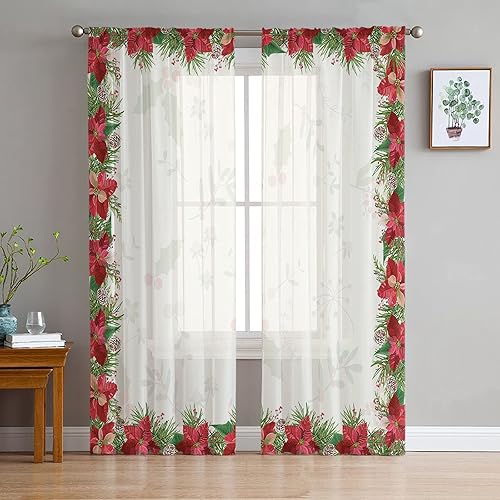 Cortinas traslúcidas con silueta de pino floral de flor de pascua, 72 pulgadas de largo, juego de 2 paneles de cortinas semitransparentes con