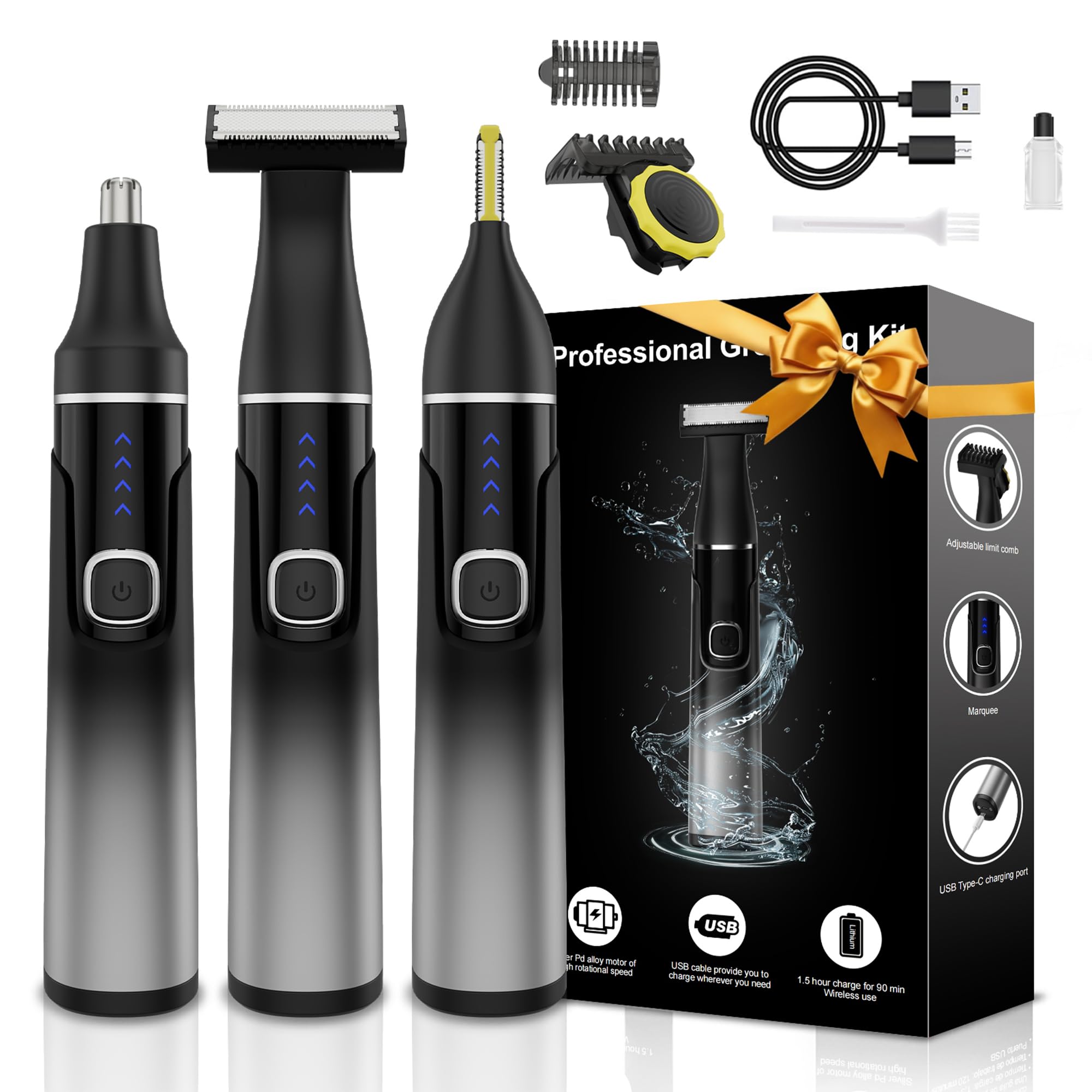 RUIM 3-in-1 Mens Body Groomer - Waterproof Electric Shaver for Groin Chest Back Body Hair with Nose Eyebrow