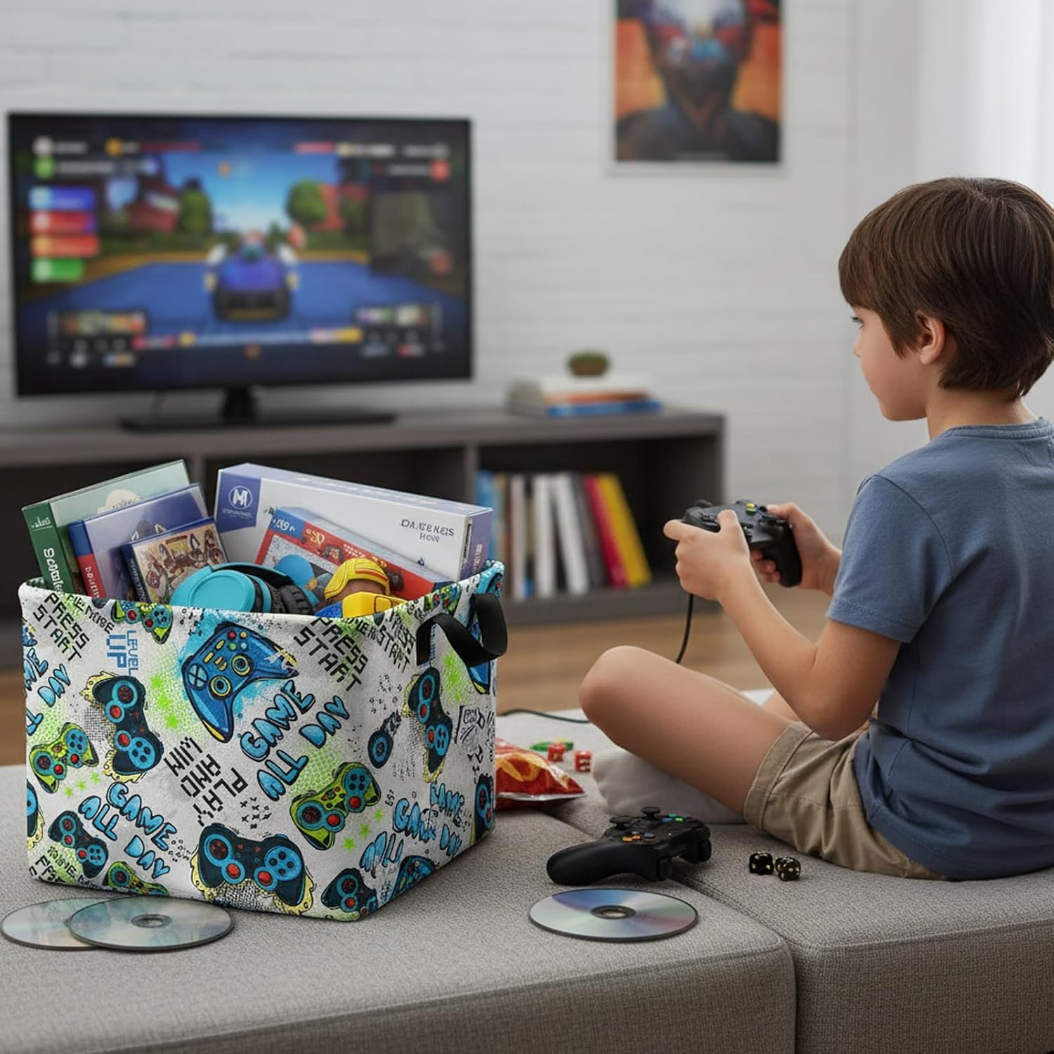 Premium Rectangular Game Basket for Boys | Kids & Baby Storage Organizer | Stylish Room Decor & Toy Box | Trendy & Durable (Blue)