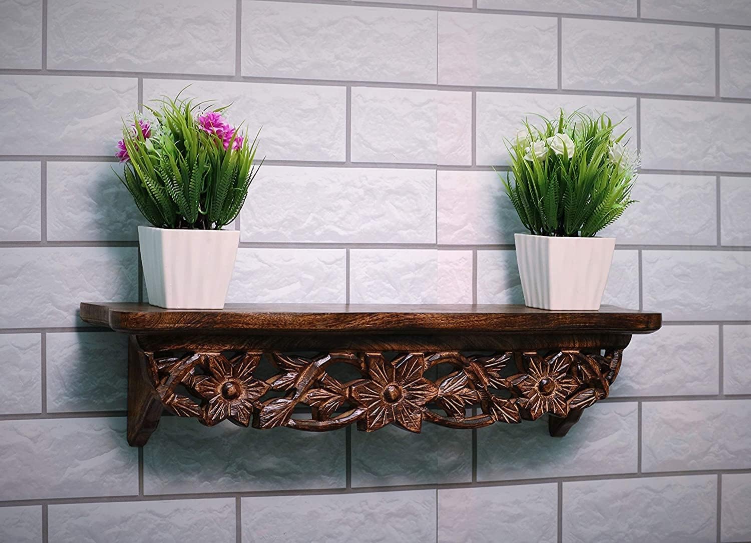 Hand Carved Wooden Wall Décor Shelf || Mounted Bookshelf || Bedroom || Living Room || Decoration (Brown, Lacquered) - Set of 1