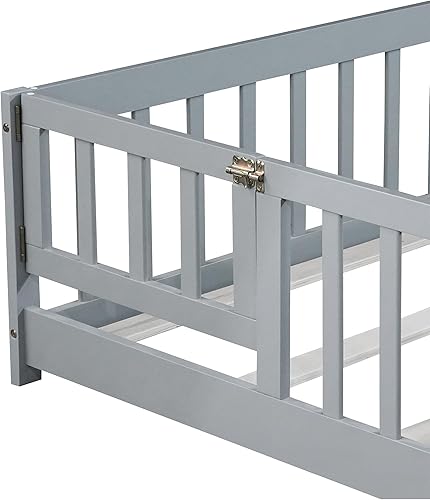 Miniatura 106 de Harper & Bright Designs Cama de suelo tamaño Queen con valla y puerta, marco de cama Montessori de madera para niños, niñas, listones incluidos, no