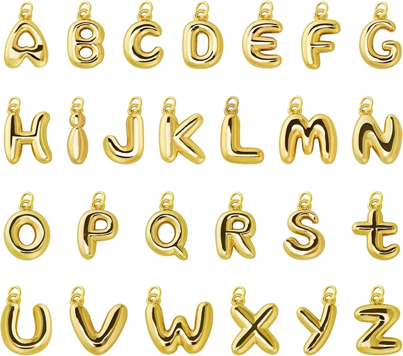 26Pcs 18K Gold Filled Bubble Letter Charms for Jewelry Making