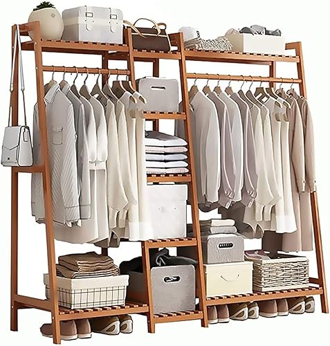 Perchero de ropa de dormitorio de madera maciza, perchero colgante de doble barra independiente, ahorra espacio (marrón 63.0 x 15.7 x 55.1in)