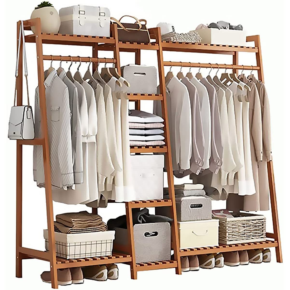 Clothes Rod Rack Shoe Bench Coat Stand Rack Hanger Solid Wood Clothing Garment Rack Double Rod Hanging Clothes
