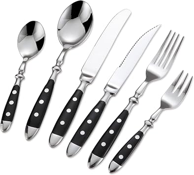 24-Piece 18/0 Stainless Steel Silverware set,Vintage Flatware set with Bakelite Handle,service for 4,Cutlery set Black