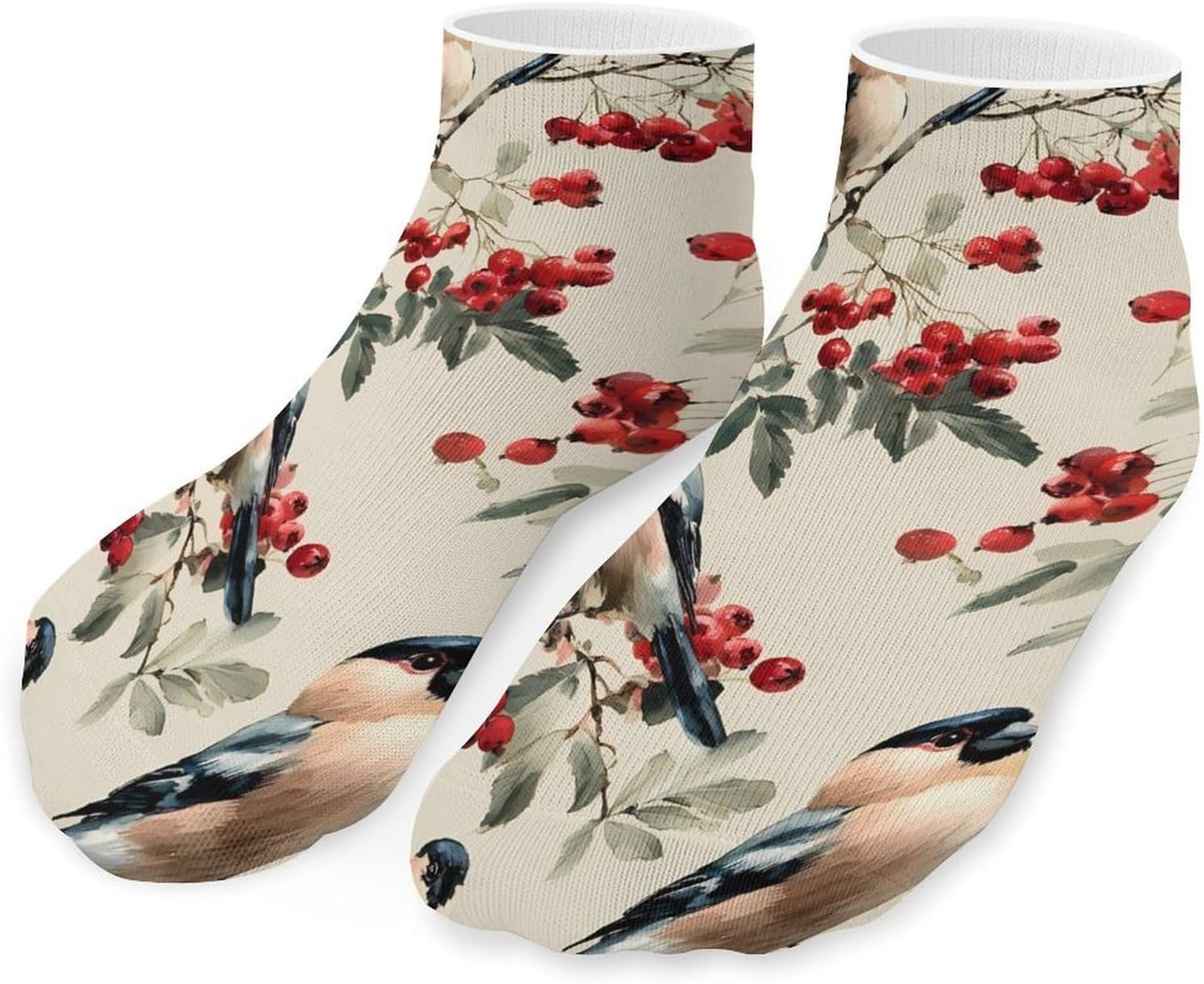 Bird Bullfinches Rowan Branches No Show Ankle Socks Low Cut Non Slip Flat Boat Line 5 Pairs Set