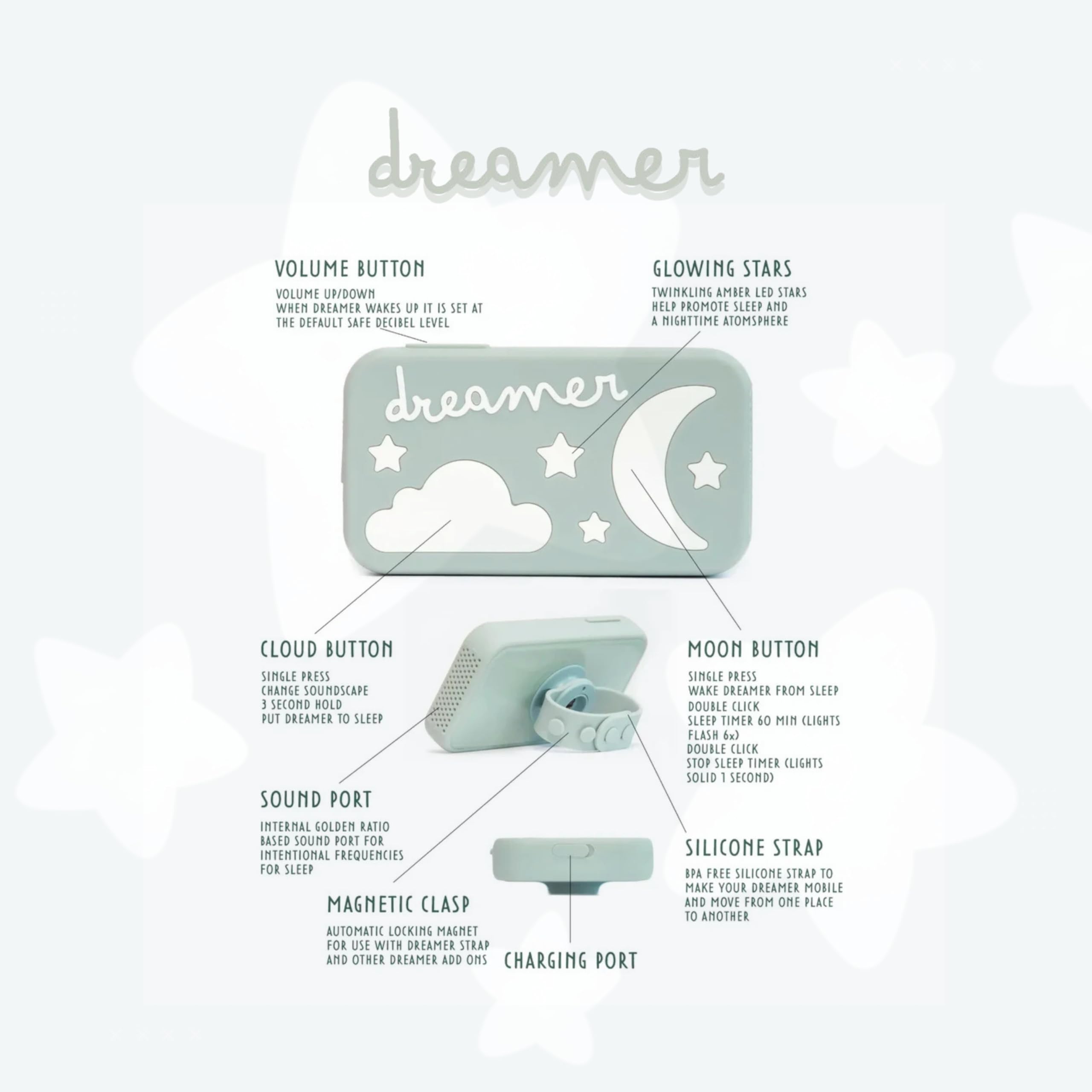 Dreamer Sound Machine - Tragbare Einschlafhilfe mit schlaffördernden Frequenzen, Baby-Nachtlicht & benutzerdefinierten Soundscapes für Babys & Kinder - Salbei