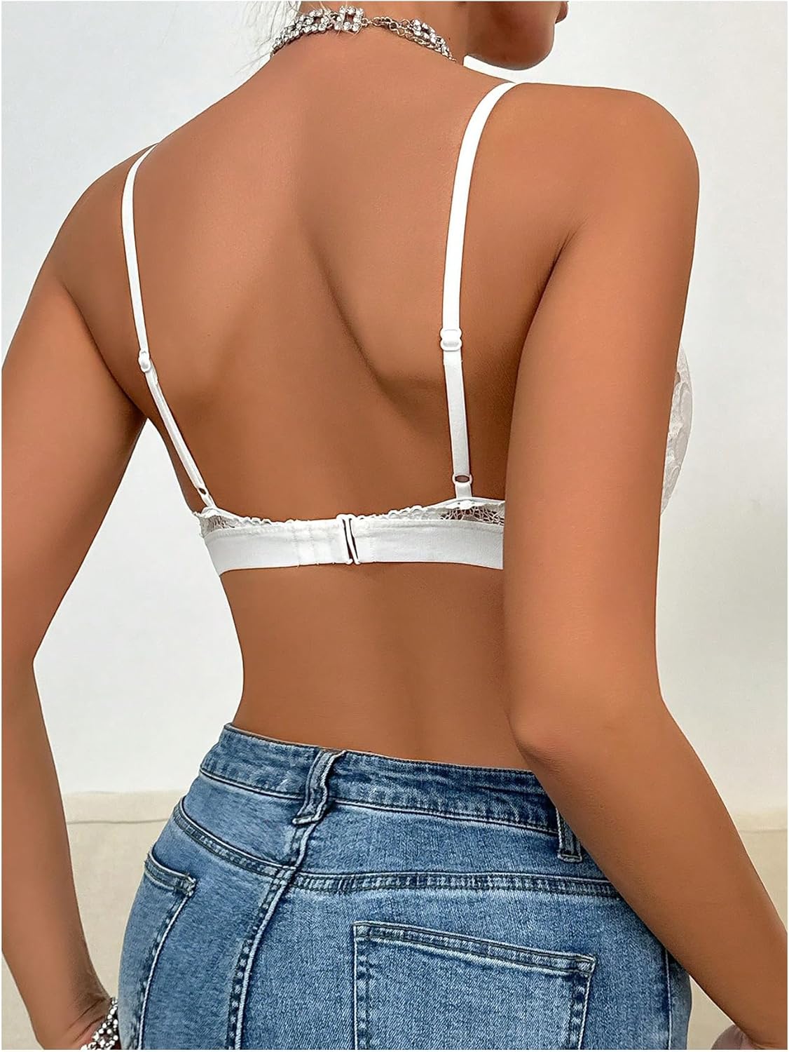 MakeMeChic Women's Triangle Padded Bralette Floral Lace Spaghetti Strap Wireless Strap Bra - Image 2